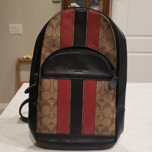 Coach Men's Tan and Red Stripe Sling Backpack